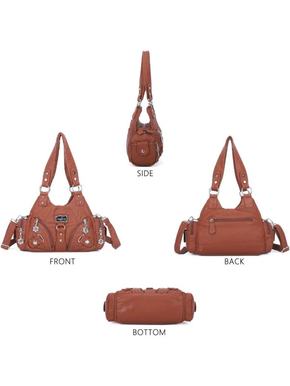 Women's 02-Brown PU leather Zipper Multi-Pocket Small Hobo Shoulder Bag - Picture 6 of 6